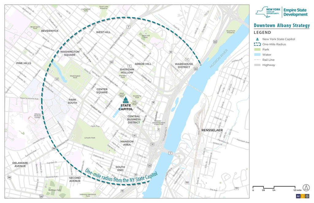 Downtown Albany Strategy map of the project focus, which is on an area roughly within a one-mile radius of the State Capitol, east of the Hudson River. 